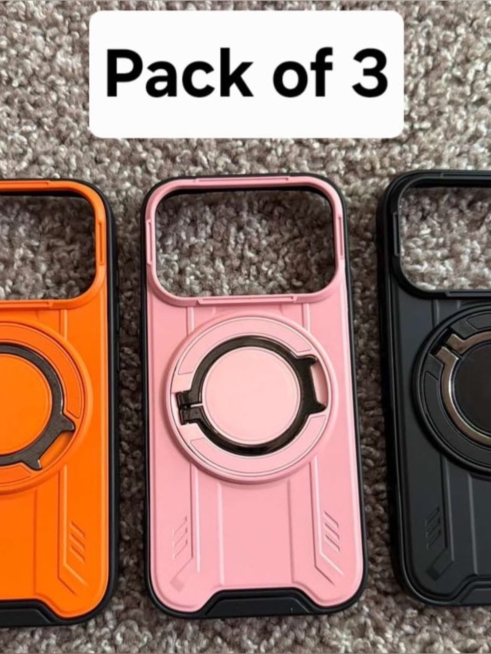 Pack of 3. Ring Holder Protective Phone Case - Pink, Orange, Black